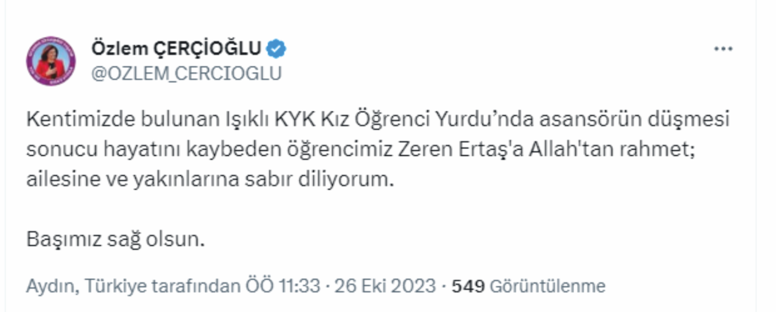 Çerçioğlu başsağlığı diledi
