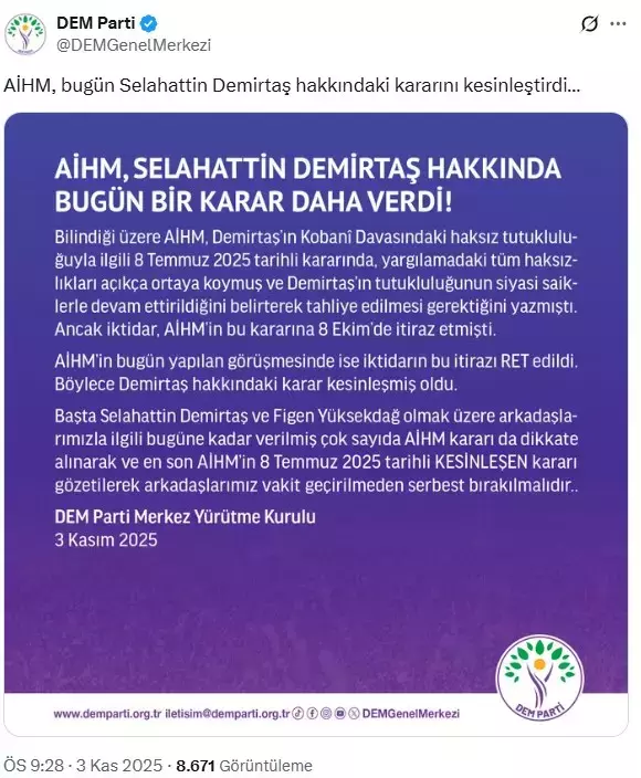 AİHM, Türkiye'nin Selahattin Demirtaş'ın tahliyesine yaptığı itirazı reddetti