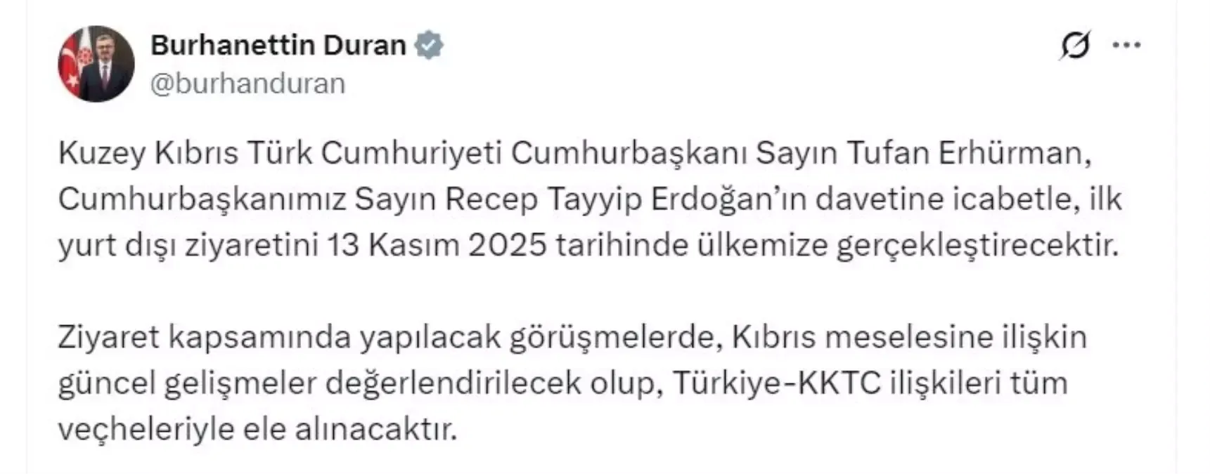 KKTC Cumhurbaşkanı Erhürman, 13 Kasım'da Türkiye'yi ziyaret edecek